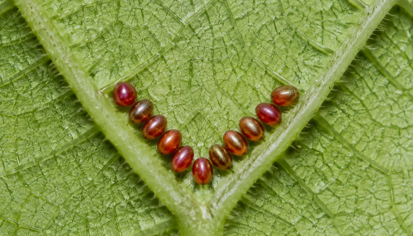 Cluster of bronze and brick-red squash bug eggs laid in a triangular pattern on the underside of a squash leaf where two veins meet