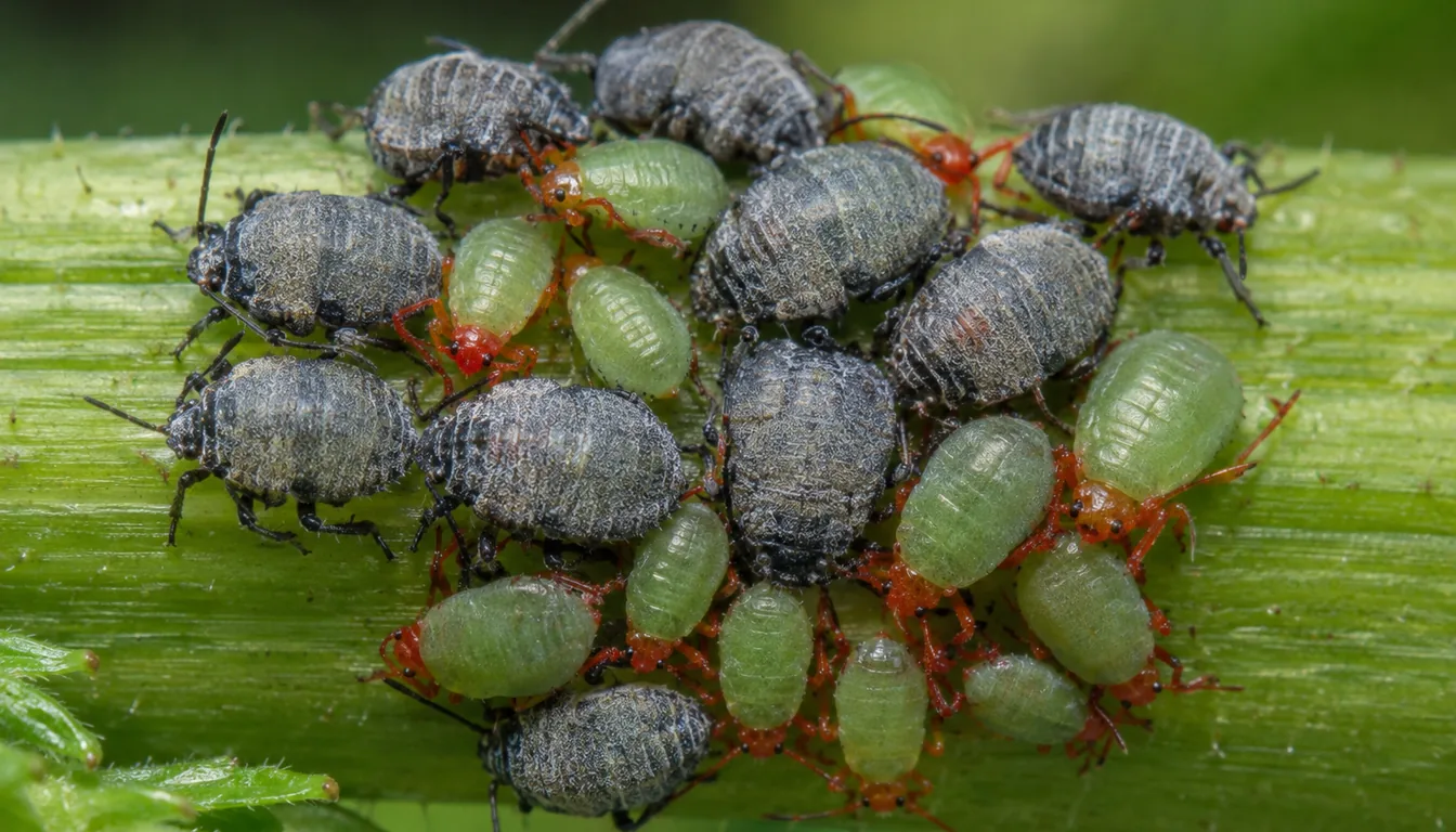 Cluster of squash bug nymphs on a stem, the youngest with red legs over pale green bodies and older ones dusted gray with dark legs