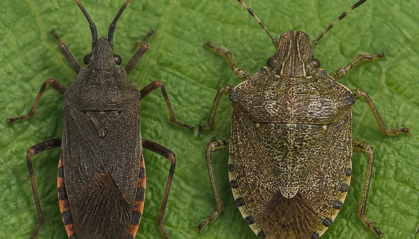 A macro of two shield-shaped insects side by side at the same scale on one leaf, a narrow flat gray-brown squash bug beside a wider rounder mottled green stink bug