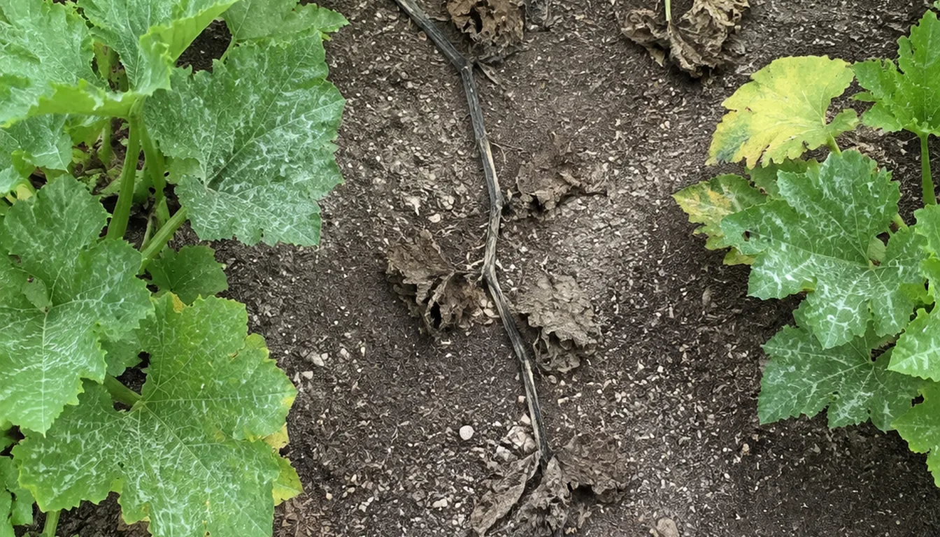 Squash vine with one runner collapsed and blackened while neighboring foliage stays green and upright