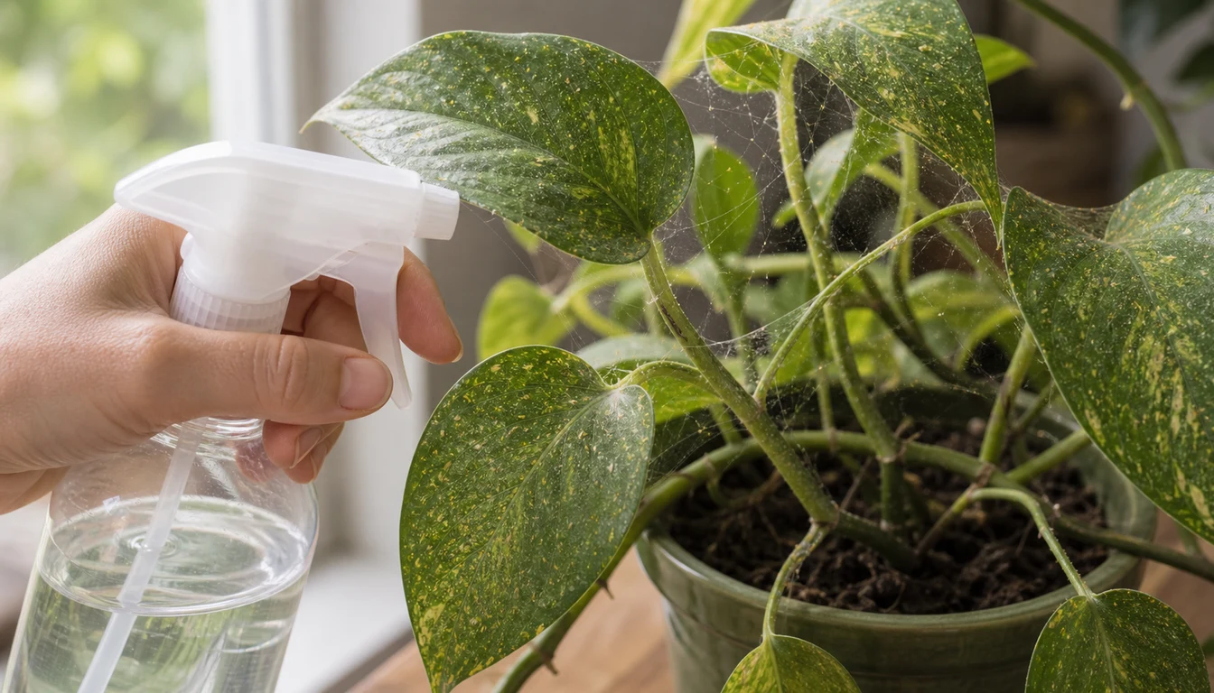 Houseplant leaves with spider mite webbing and stippled yellow damage beside a spray bottle