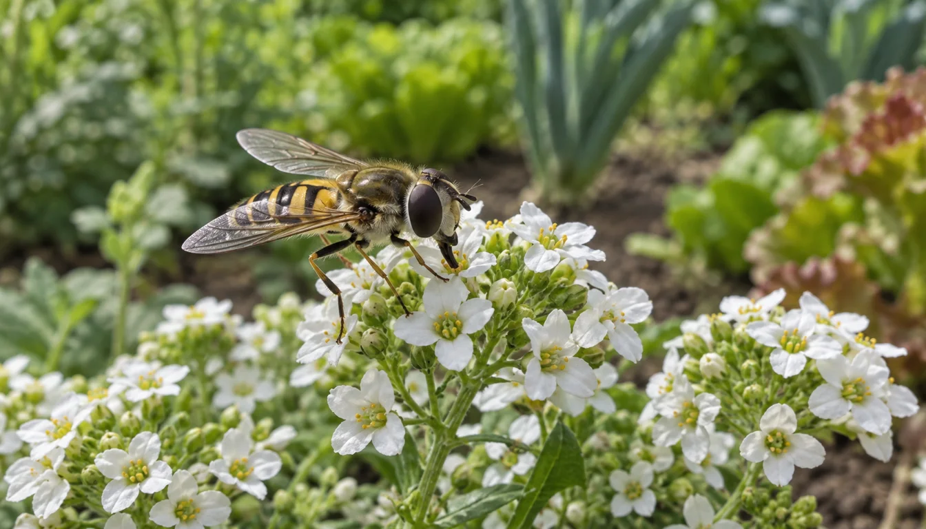 An adult hoverfly feeding on a cluster of small white alyssum flowers beside a vegetable bed
