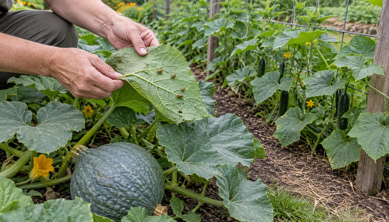 A gardener turns over a Blue Hubbard squash leaf with several striped cucumber beetles while cucumber vines grow in the next row