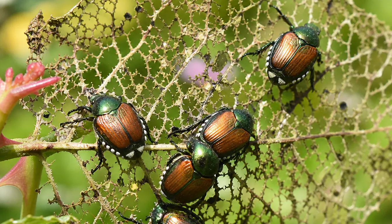 Metallic green and copper Japanese beetles clustered on foliage skeletonized down to its veins