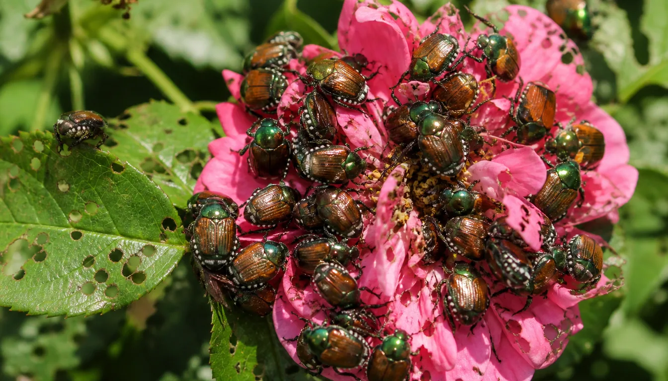 A cluster of Japanese beetles chewing holes in a pink rose bloom and nearby leaf