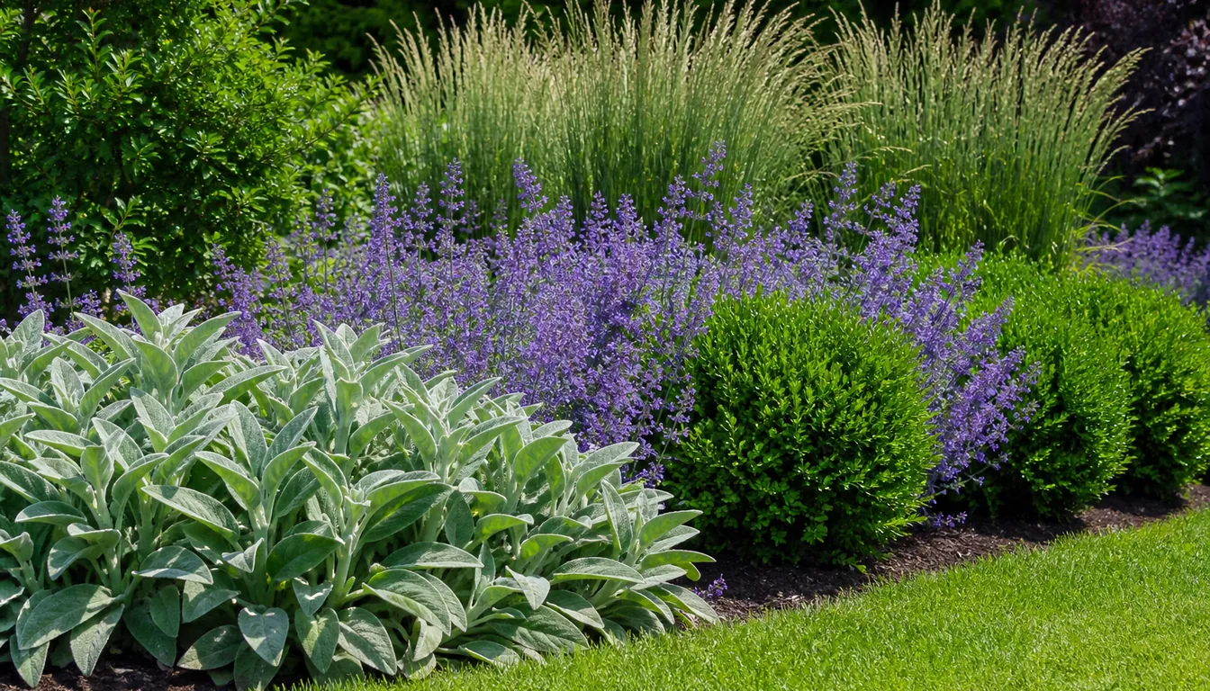An intact garden border of boxwood, lamb's ear, and flowering catmint beside a green lawn