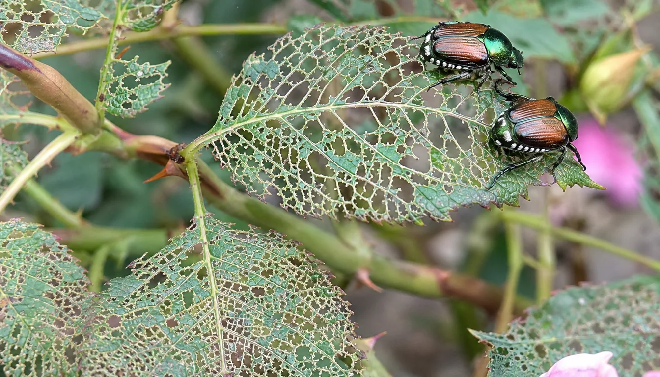 Two metallic green and copper Japanese beetles on a rose leaf with only its vein network left
