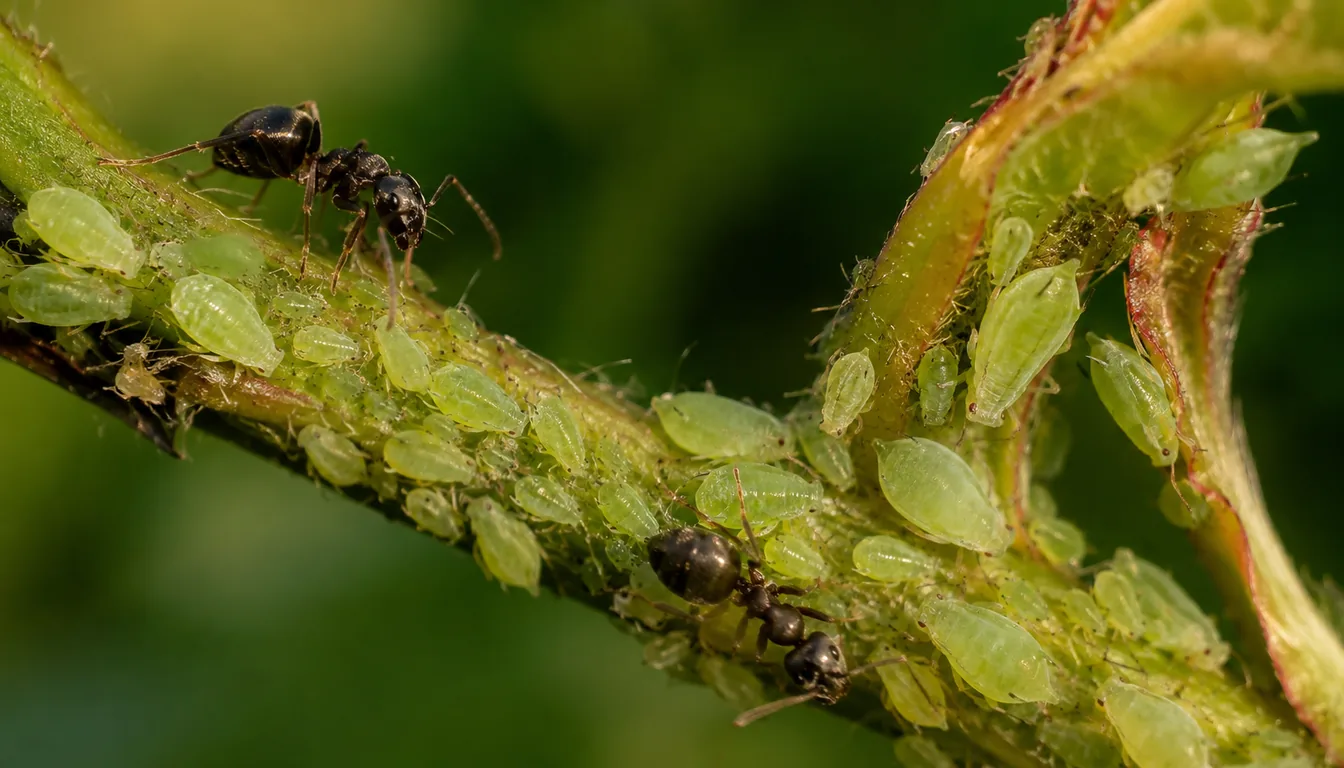 A dense colony of pale green aphids packed along a tender shoot tip with adults and smaller nymphs crowded on the stem and two black ants moving among them