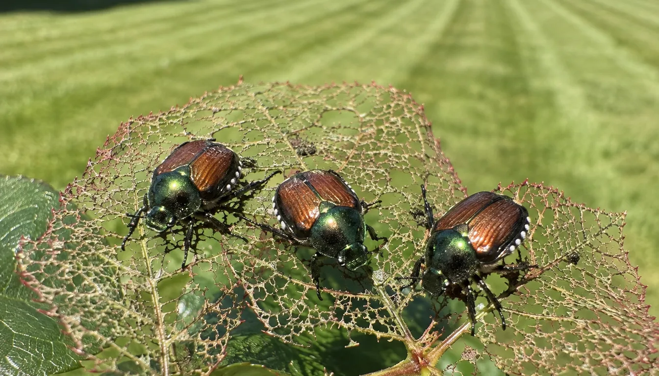 Three metallic copper and green Japanese beetles on a leaf eaten down to its veins, with a striped mown lawn out of focus behind them