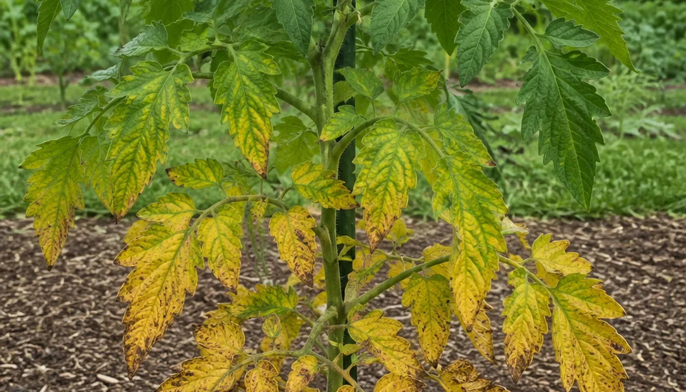 A staked tomato plant with its lower and middle leaves yellowing between green veins and flecked with brown spots, while the top leaves stay green