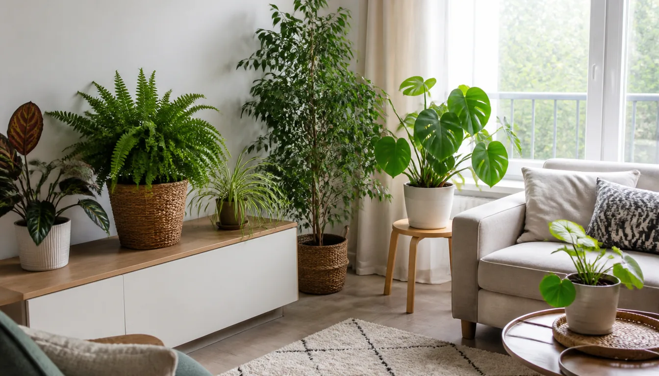 A group of healthy houseplants on a sideboard and floor in a bright ordinary living room with a sofa and a window