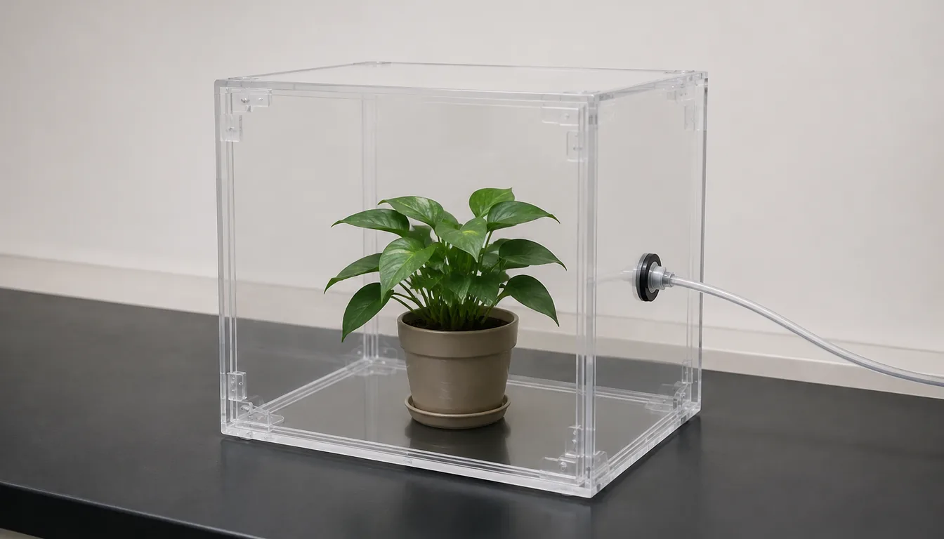 A small clear acrylic test chamber sealed on every side, standing on a laboratory bench with a single potted houseplant inside it and a thin tube entering through a sealed port