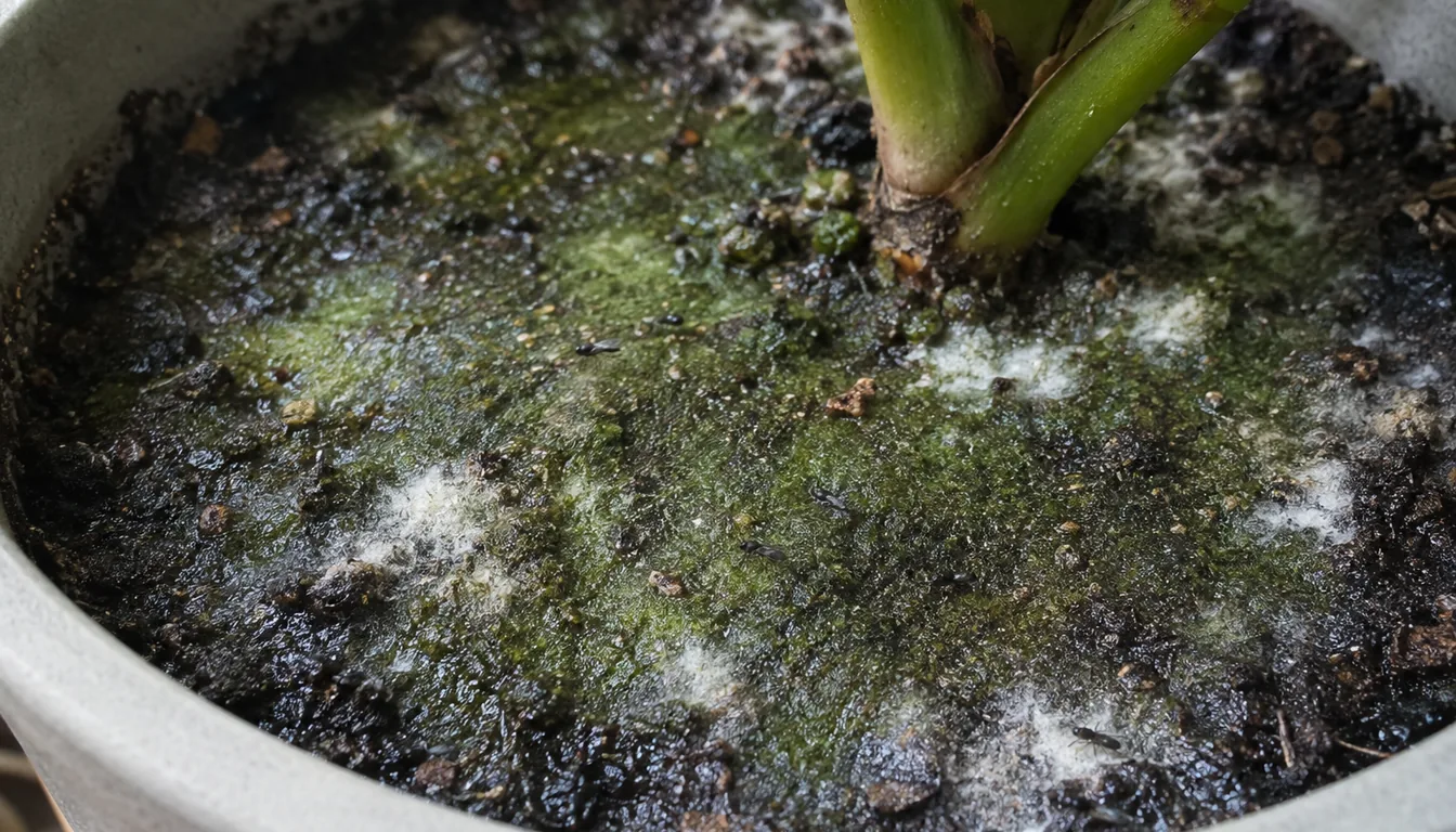 The surface of soaked potting mix in an indoor pot, coated with green algae, carrying patches of white fuzzy mold and several small dark flies