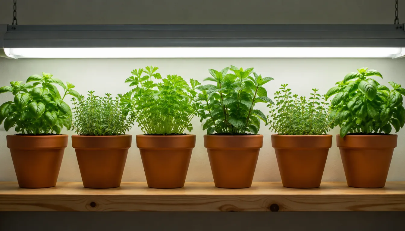 A row of plain terracotta herb pots on a wooden shelf under a lit fluorescent tube hanging close above them, with only a narrow gap between the tube and the tallest leaves
