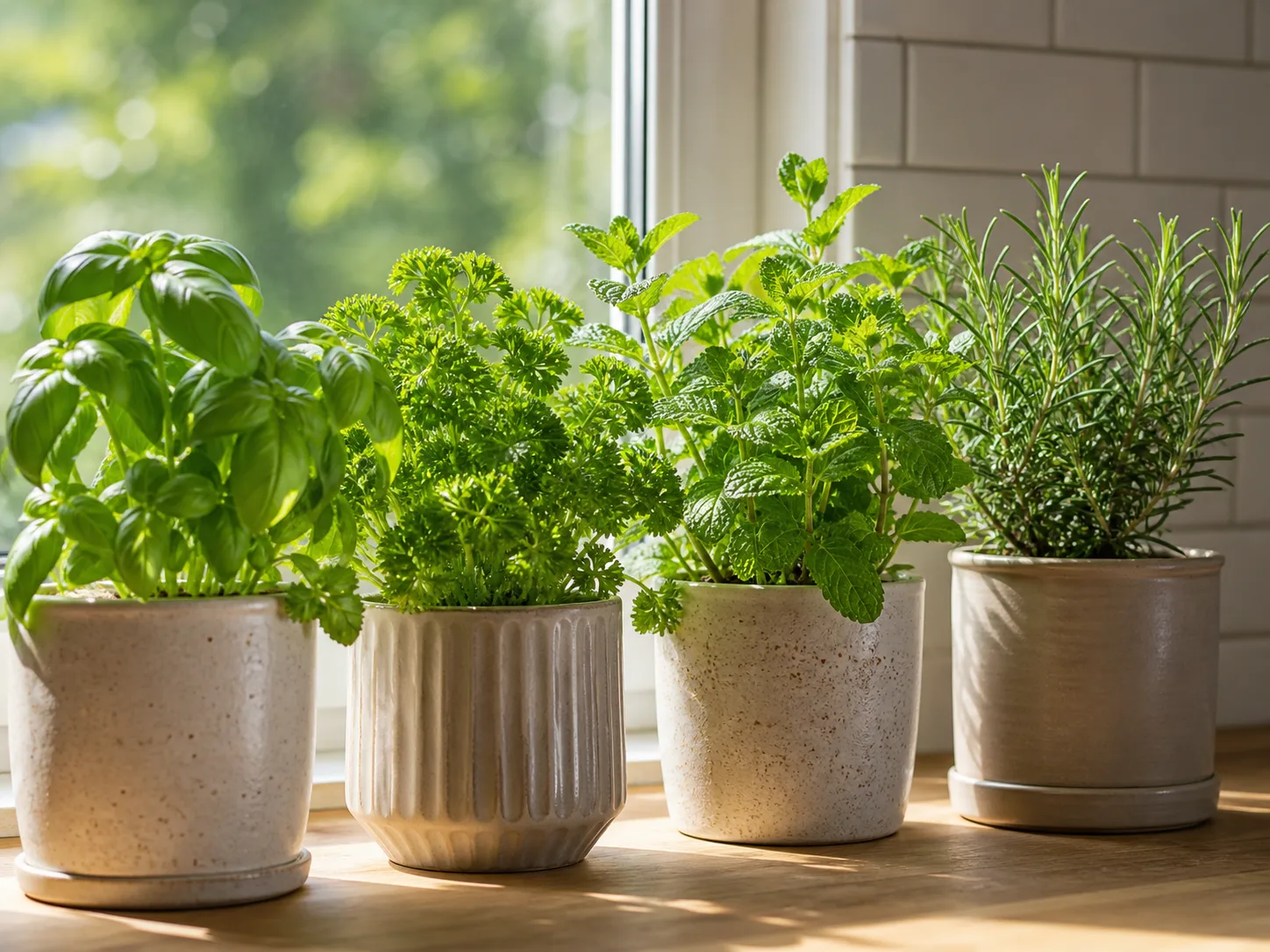 Indoor herb pots growing on a sunny kitchen windowsill