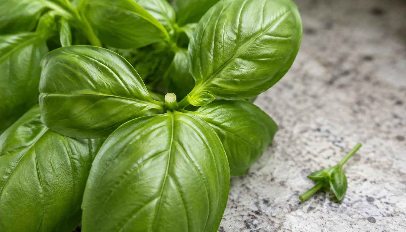 Close view of the top of a basil plant where the growing tip has been pinched out just above a pair of leaves, with a small side shoot already breaking at that joint and the removed tip lying on the counter beside it