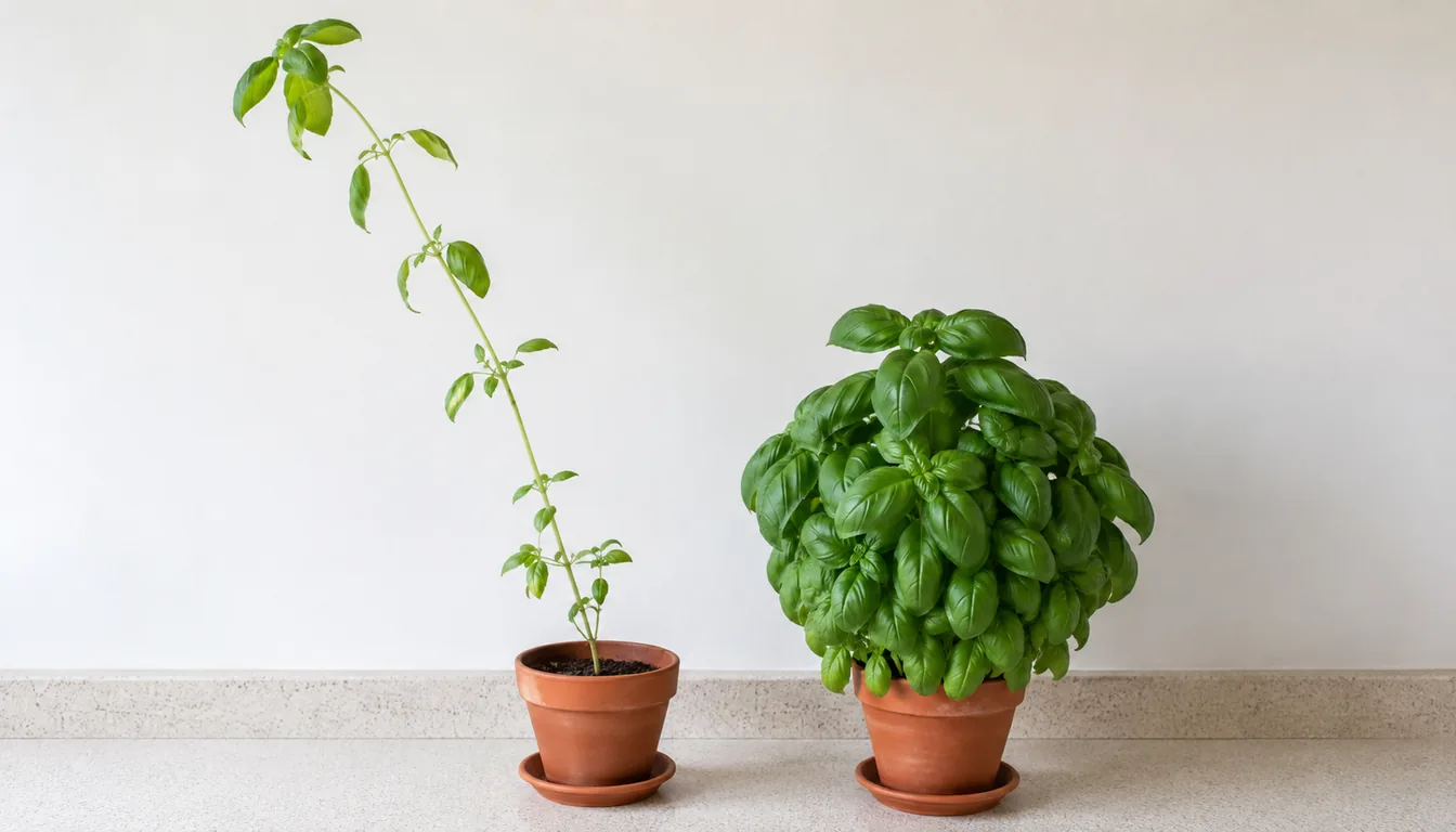 Two potted basil plants side by side on a counter, the left tall and leaning with long bare stem between widely spaced small leaves, the right a short dense dome of closely spaced large dark leaves