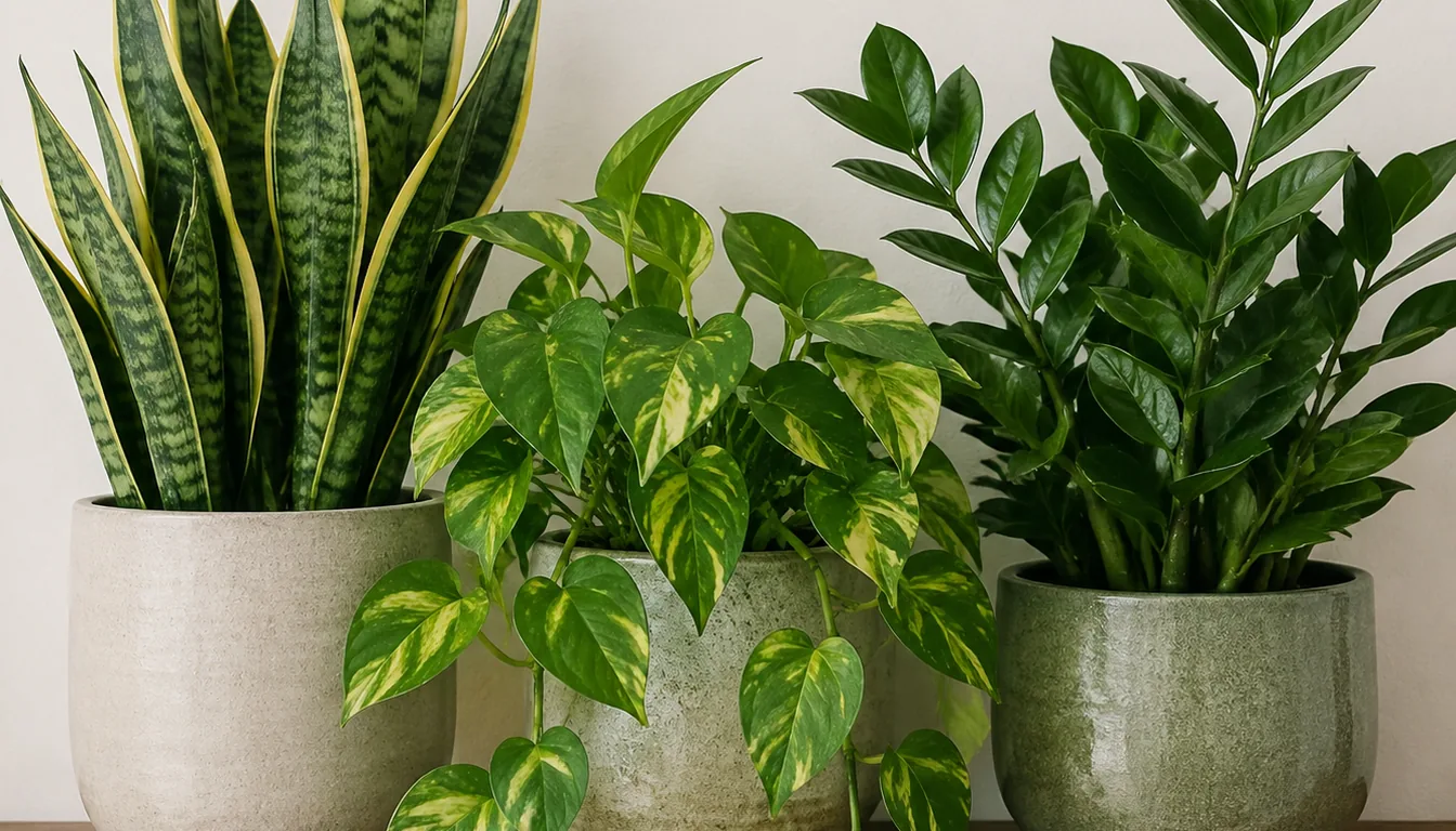 A snake plant, trailing pothos, and glossy ZZ plant grouped on a shelf in gentle natural light