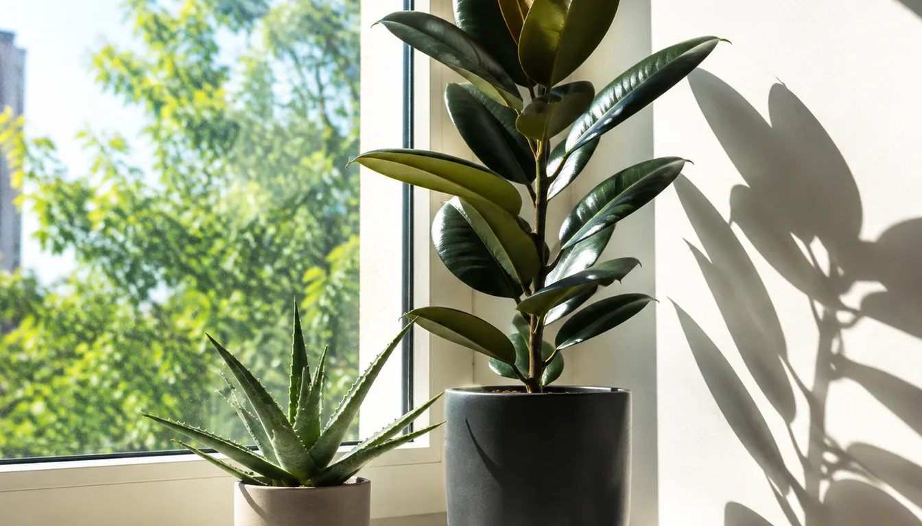 An aloe and a tall rubber plant near a bright window with hard leaf shadows on the wall
