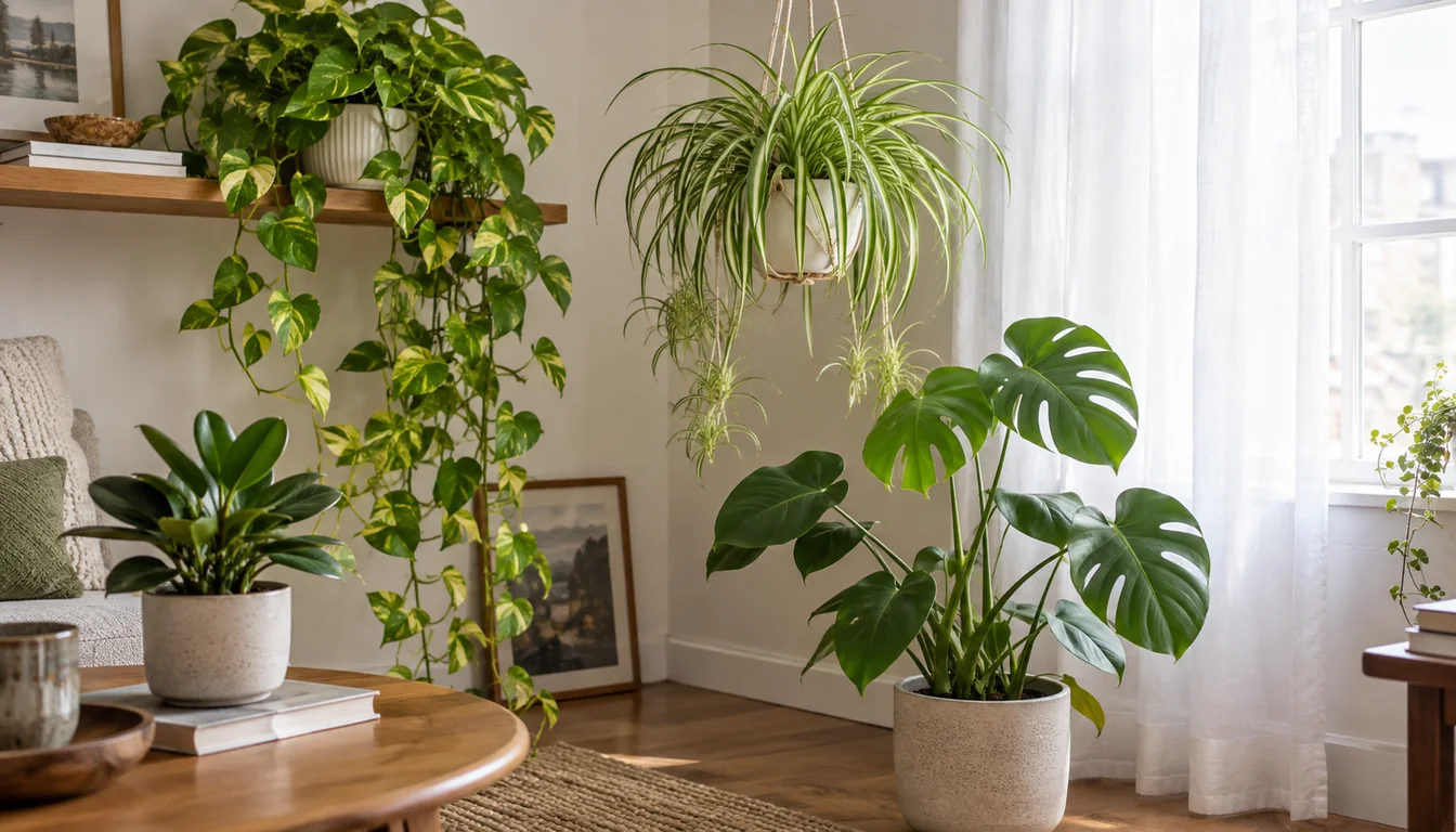 Golden pothos, spider plant, baby rubber plant, and juvenile monstera grouped beside a sheer-curtained window