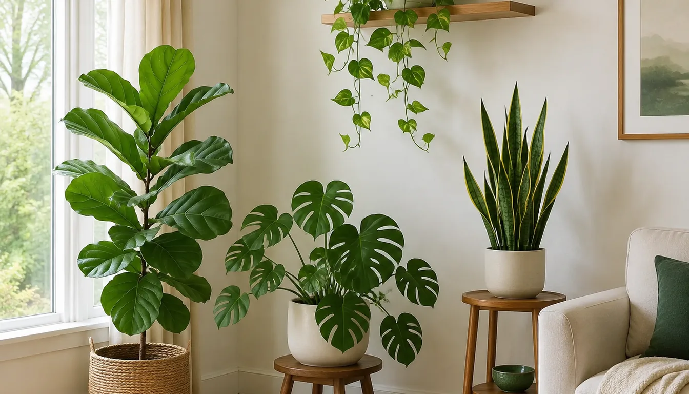 A bright living room with a monstera, snake plant, pothos, and other houseplants positioned at different distances from large windows