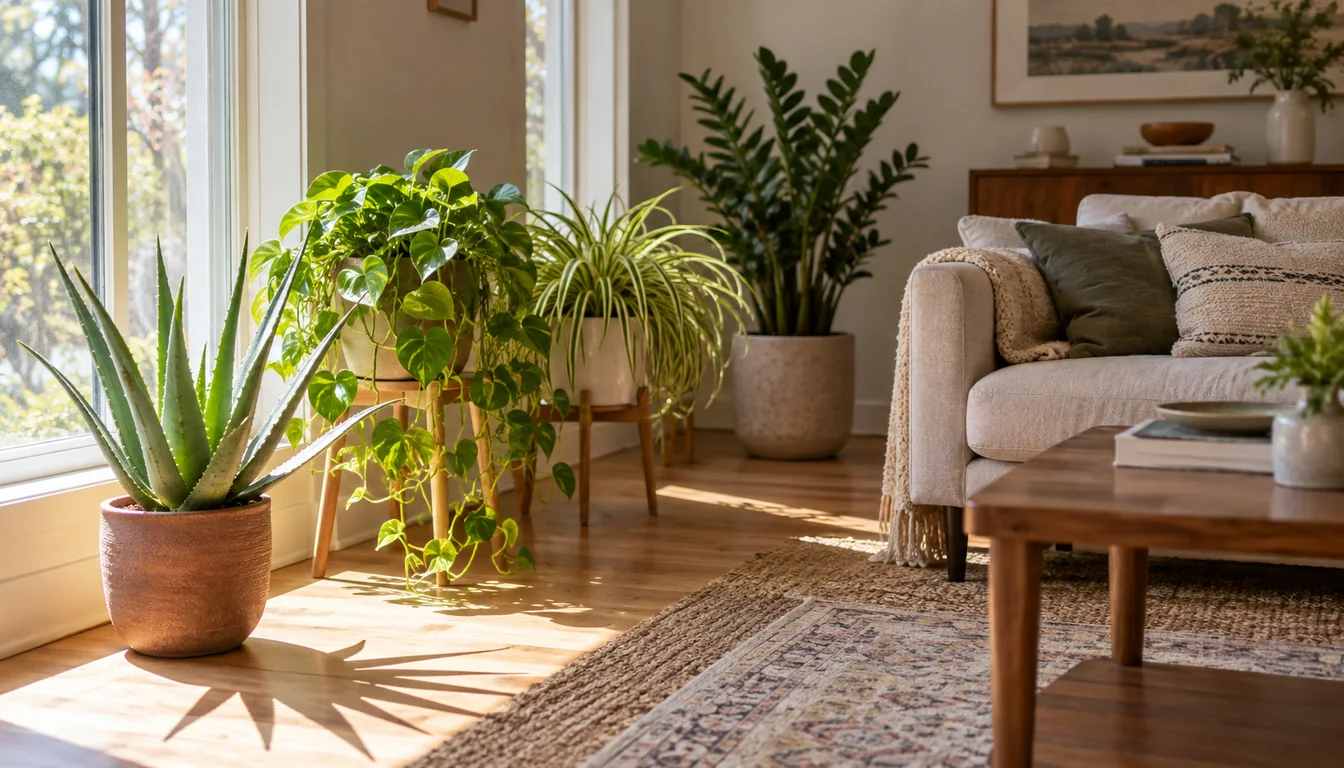 An aloe stands in direct sun near a window while pothos and spider plant sit in brighter light and a ZZ plant grows farther inside the room