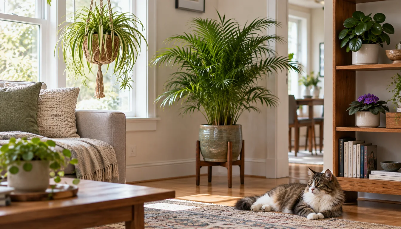 A cat rests away from a secured spider plant, parlor palm, baby rubber plant, and African violet in a bright living room