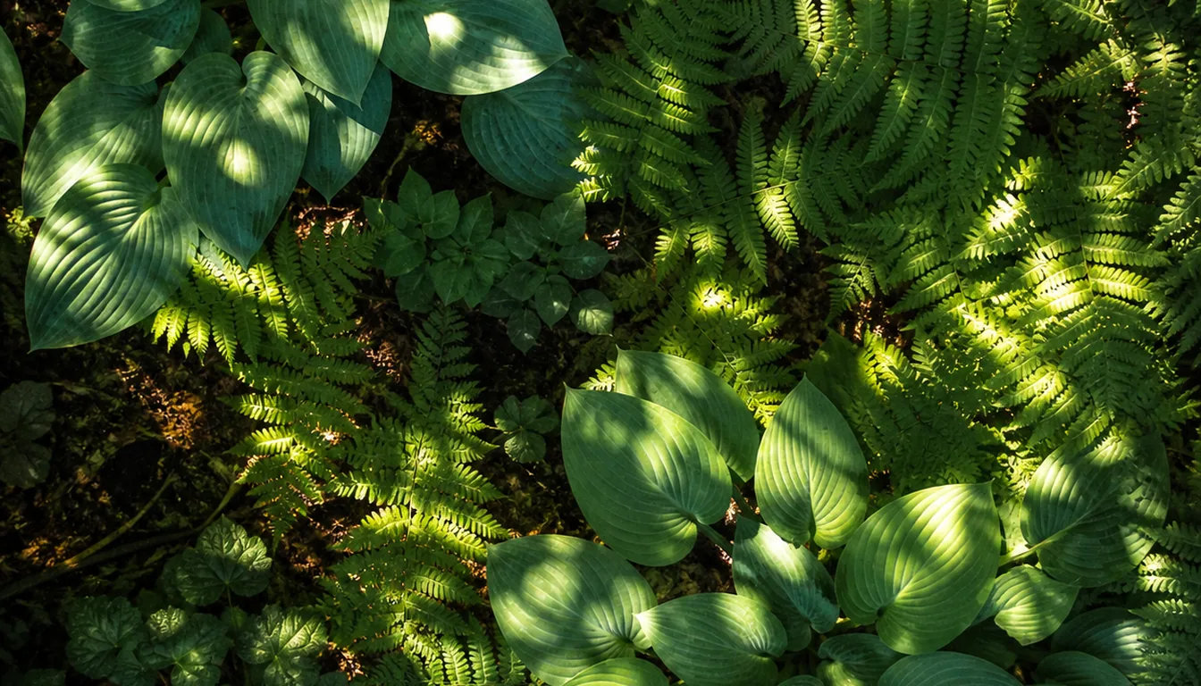 Looking down at a shaded bed where light through a high canopy breaks into a pattern of bright sun flecks and soft shade across hosta leaves and fern fronds