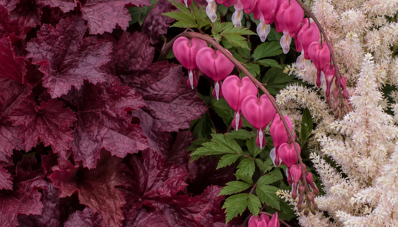 A tight grouping of shade perennials filling the frame, burgundy ruffled heuchera leaves, arching pink bleeding heart lockets and a feathery cream astilbe plume