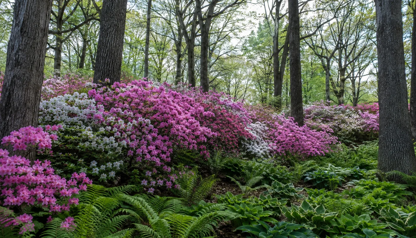 Mature azaleas in full pink and white bloom forming a low bank under the high bare trunks of oaks, with ferns and hostas filling the ground layer beneath