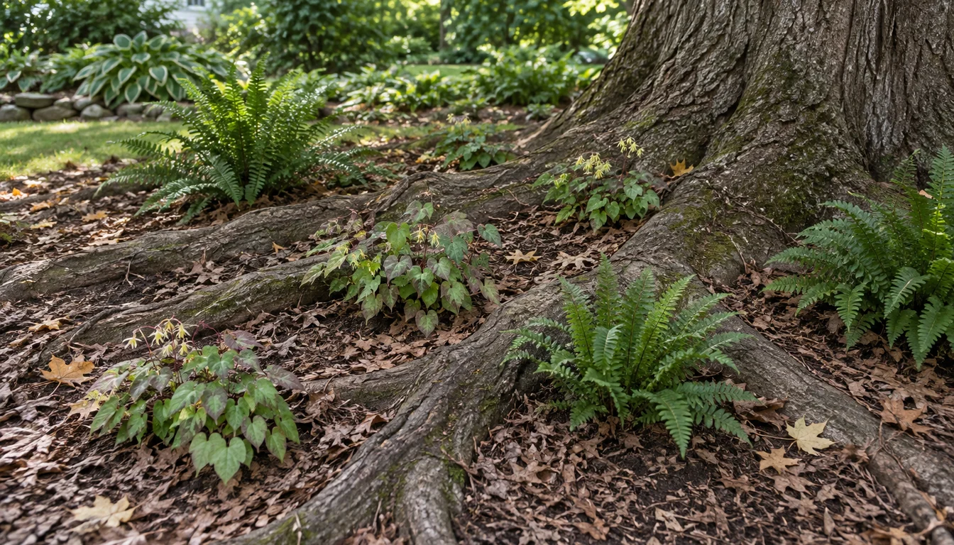 Small epimedium and Christmas ferns planted between broad surface roots beneath a mature maple with leaf mulch over the soil