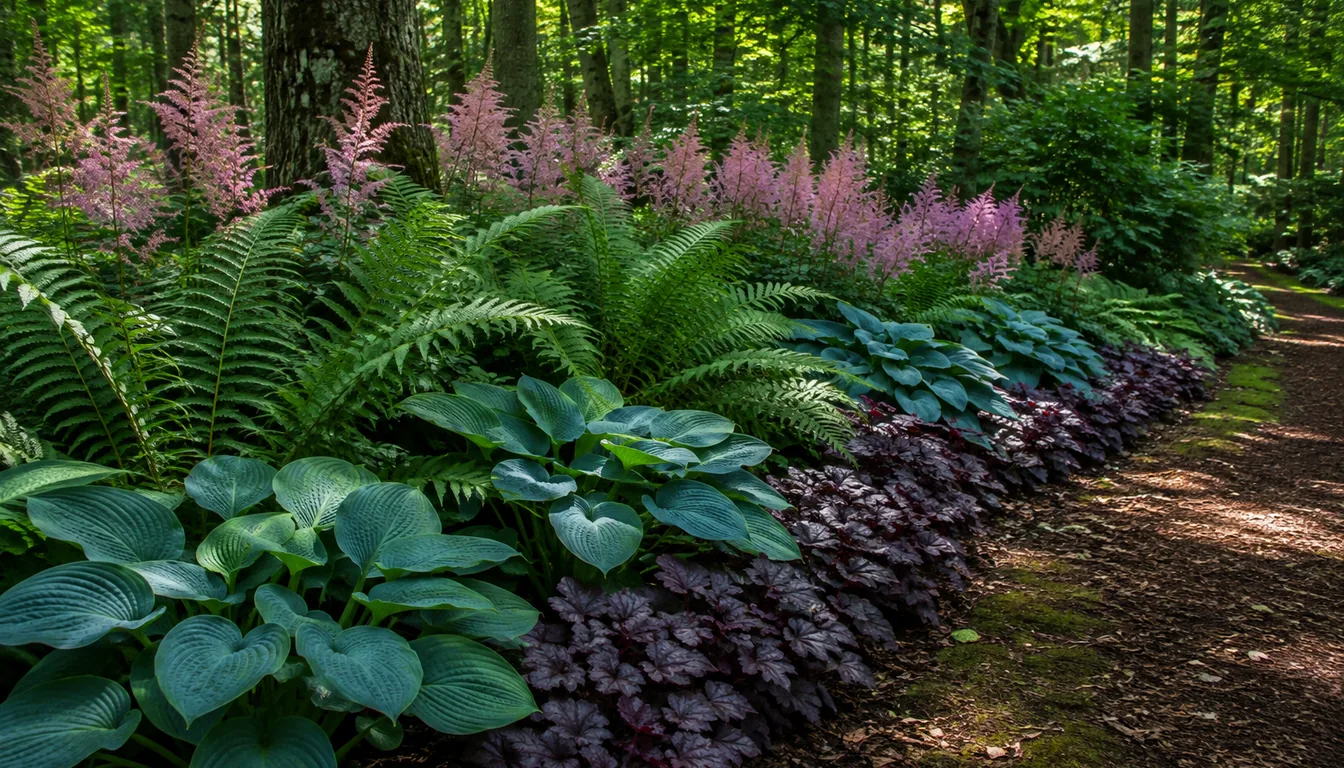 A woodland border under high tree canopy planted in layers with blue-green hostas at the front, arching ferns behind, purple heuchera at the edge and pink astilbe spires at the back