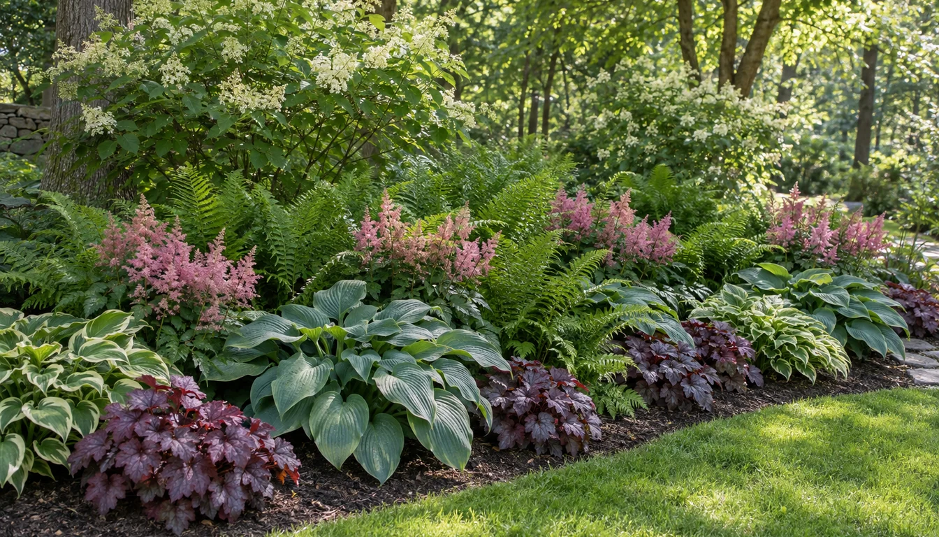Layered shade border with an airy shrub behind ferns and astilbe, broad hostas and coral bells repeated along the front edge