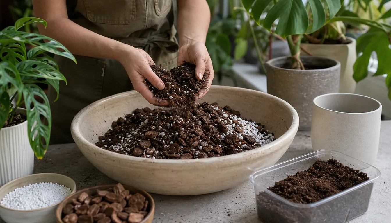 Hands mixing a chunky indoor potting mix in a shallow bowl with bark, white perlite, and coir clearly visible, and separate bowls of each ingredient beside it