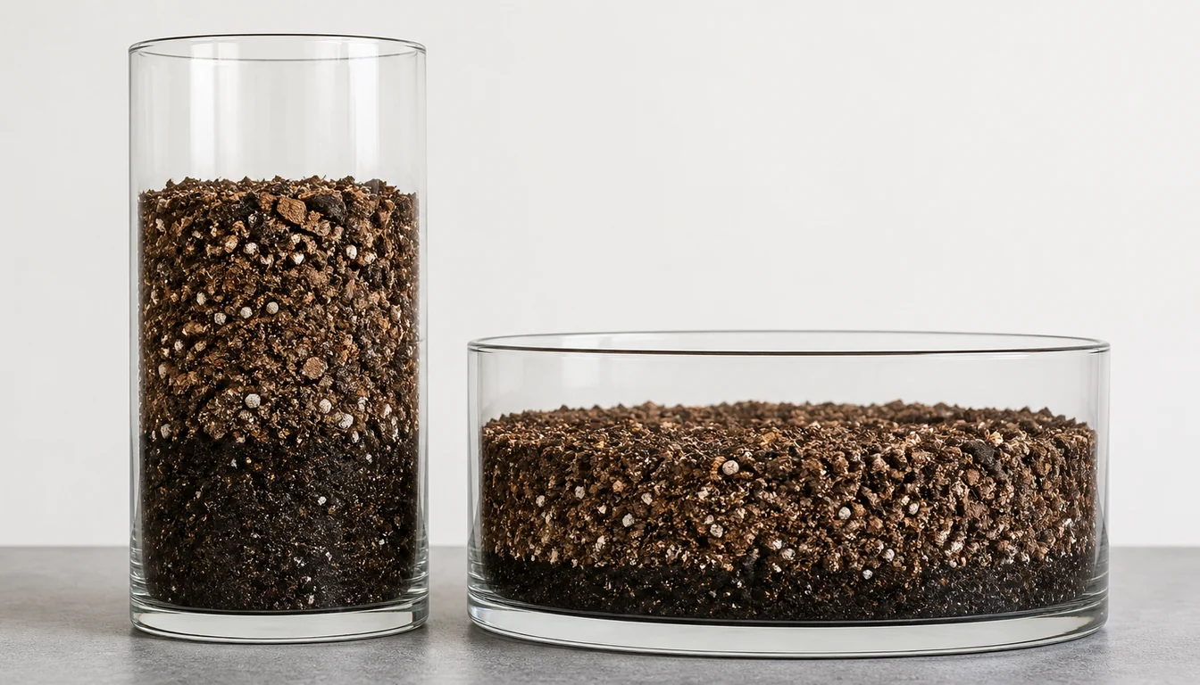 Two clear containers holding identical chunky potting mix, one tall and narrow and one short and wide, with a darker water-saturated band at the base of each standing at a similar height