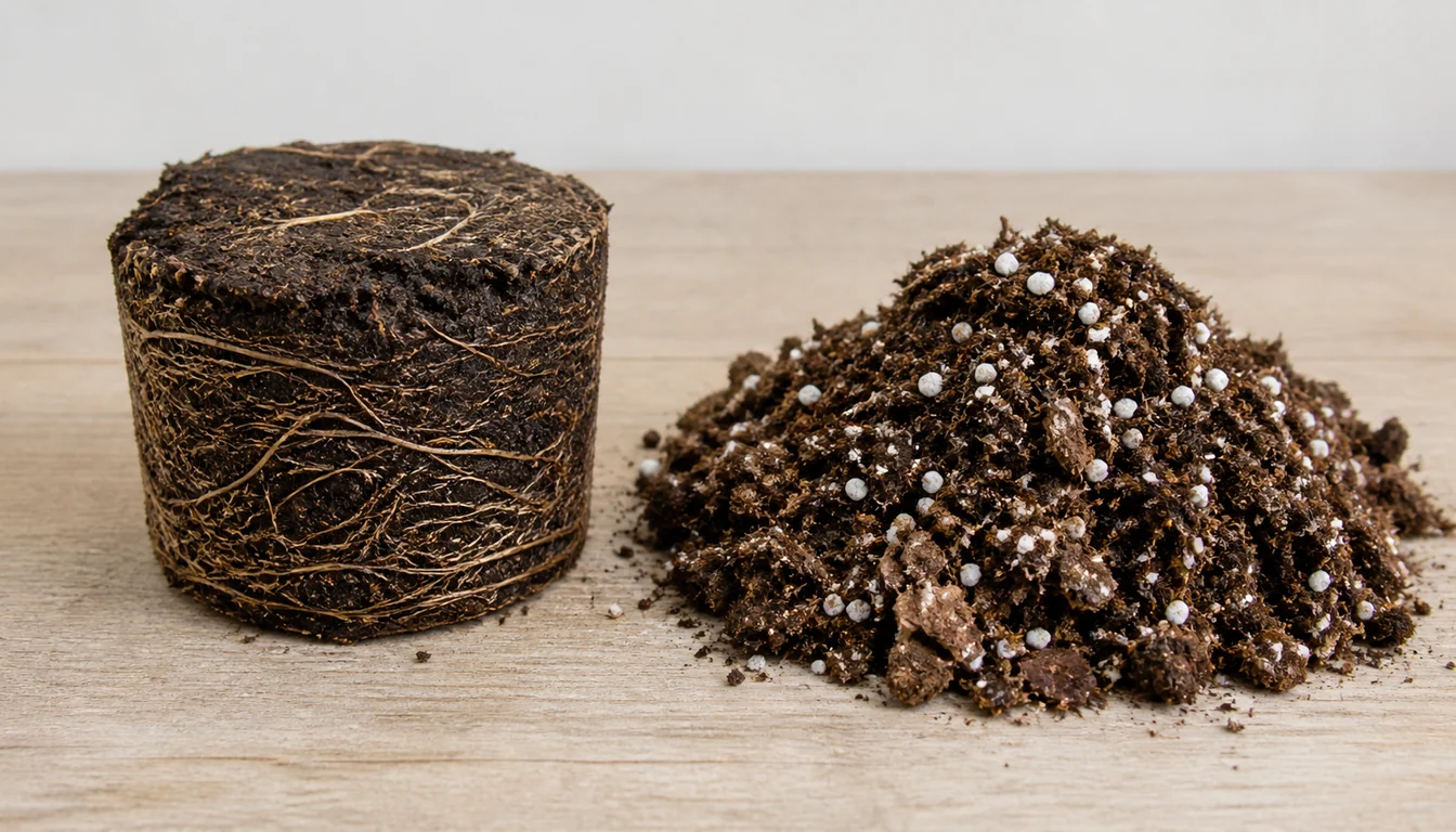 A knocked-out root ball of dense dark collapsed potting mix with tightly circling roots beside a heap of fresh open mix with visible bark pieces, white perlite, and air gaps