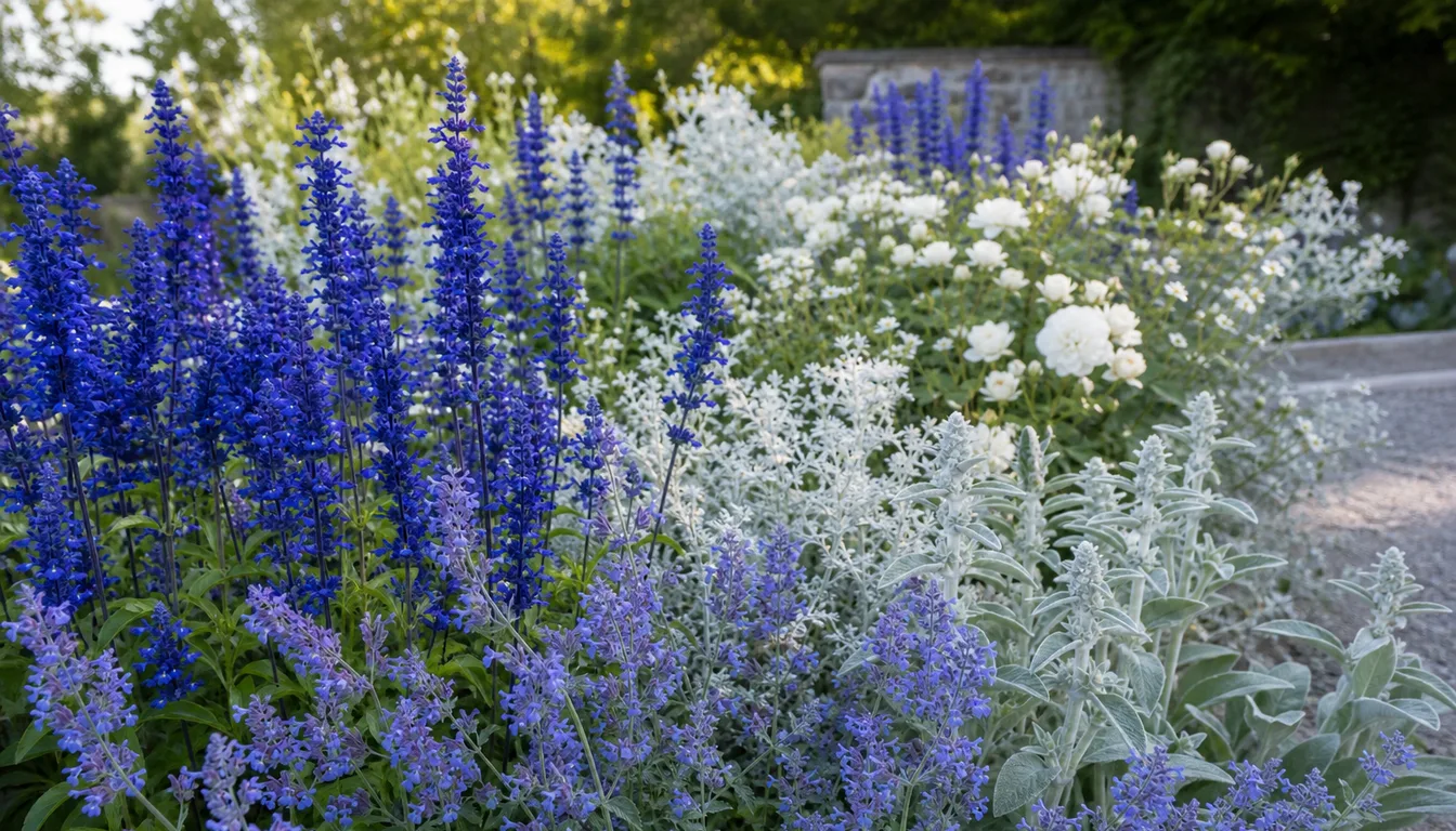 a garden border of genuinely blue salvia and catmint reading blue against white and silver companions