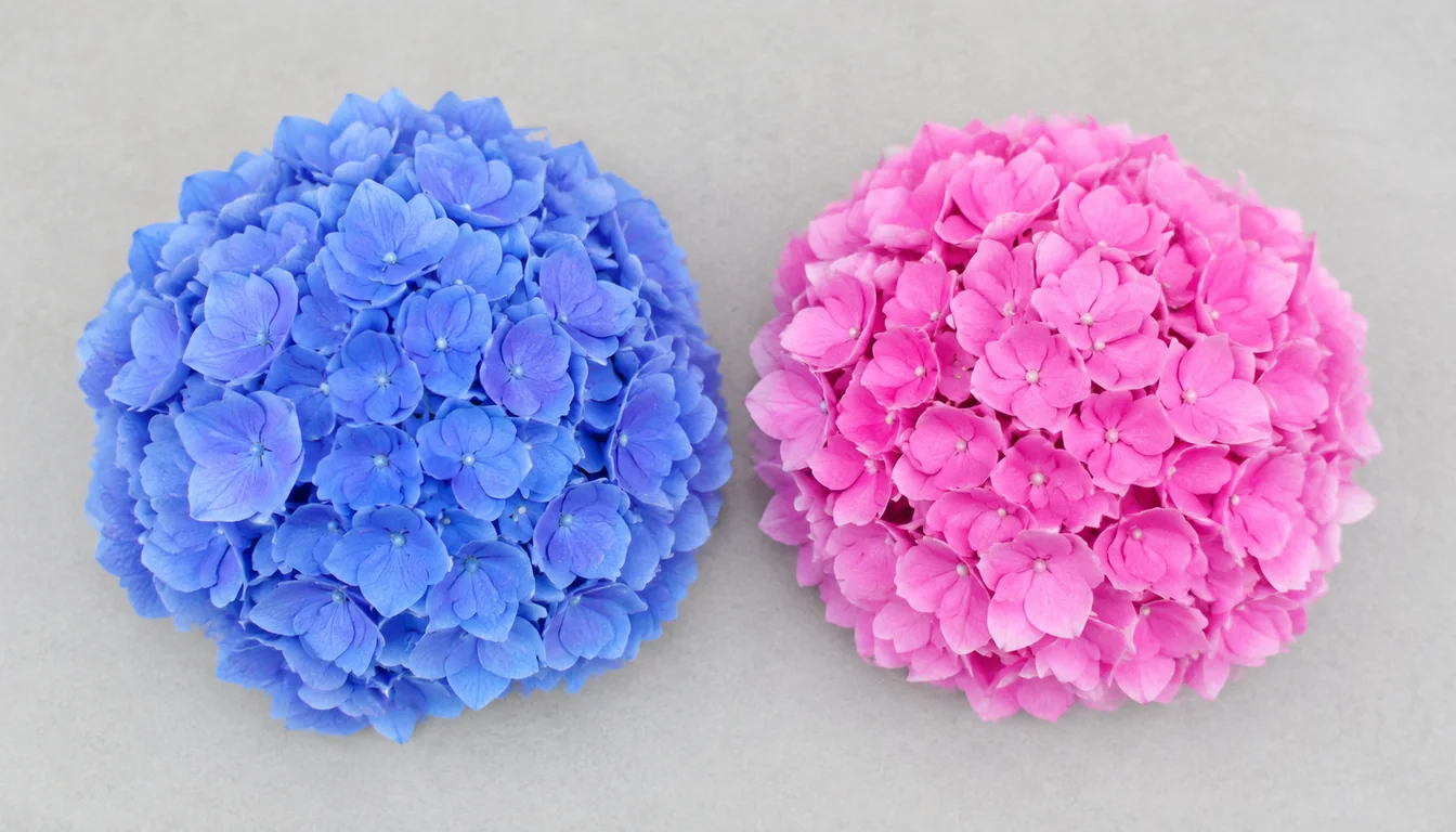 Two bigleaf hydrangea mophead flower heads of the same variety side by side on plain gray, the left clear blue and the right clear pink
