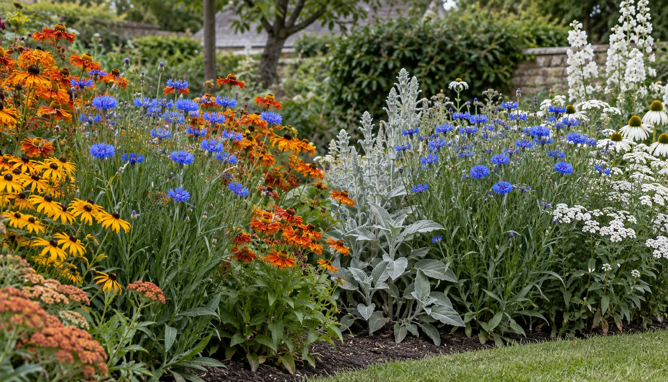 One garden border photographed across two plantings, the same blue cornflowers almost lost among hot orange and yellow flowers on the left, and standing out clearly among silver foliage and white flowers on the right