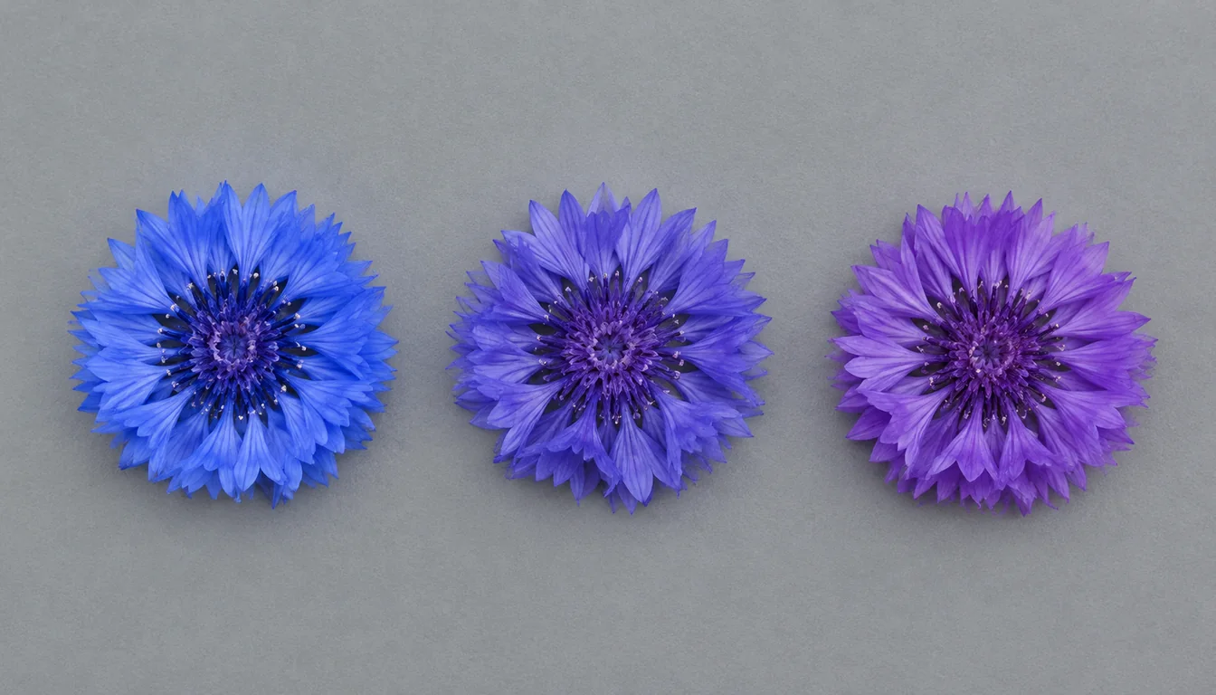 Three cornflower heads in a row on a neutral gray card at the same scale, the left a clean true blue, the middle a blue-violet, the right plainly violet purple