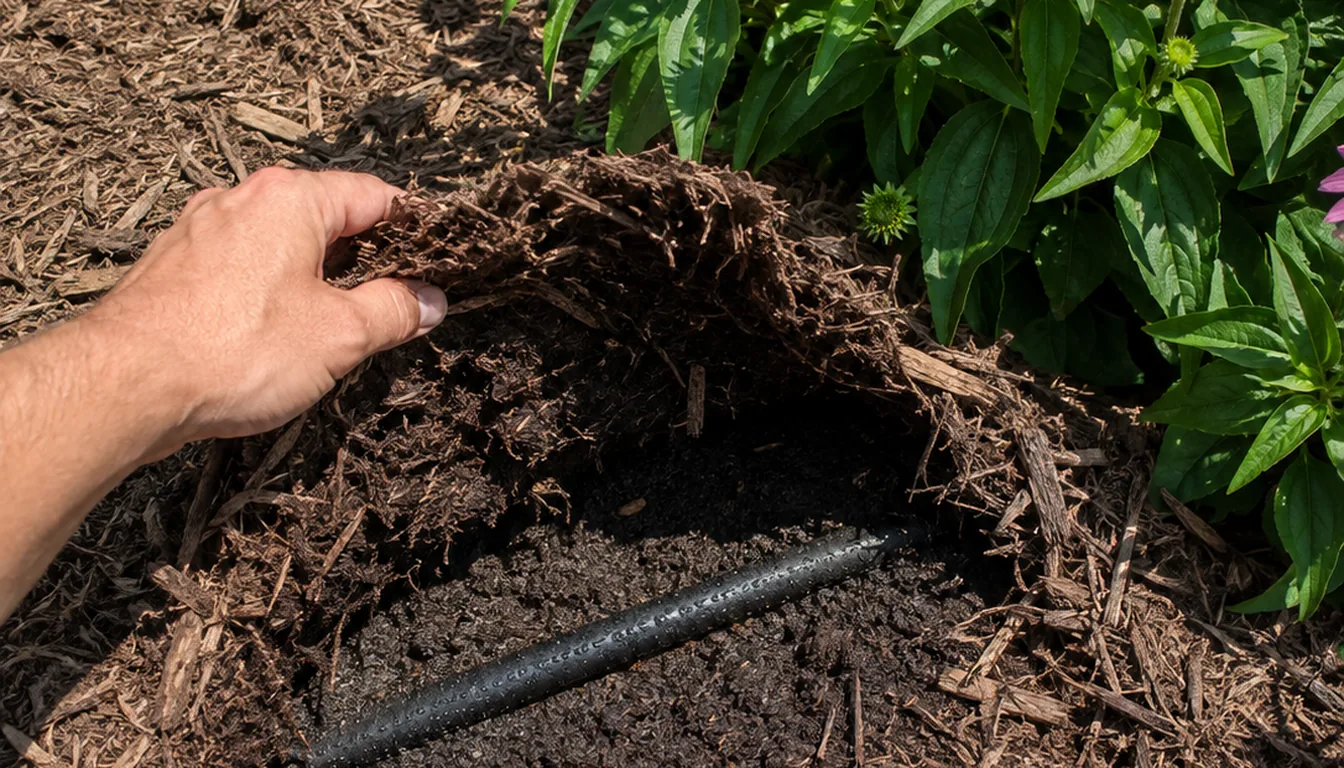 Soaker hose watering the soil beneath a mixed coneflower planting while leaves remain dry