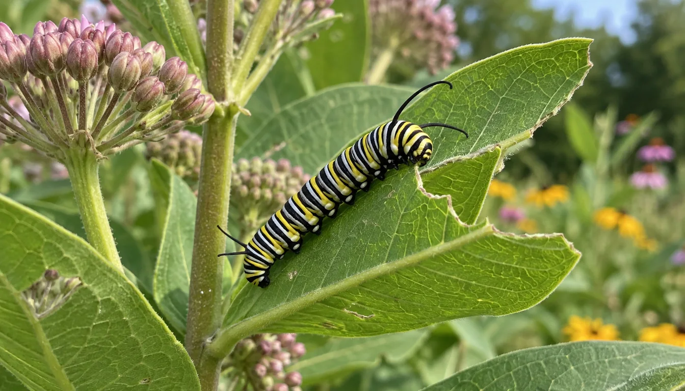 Monarch caterpillar feeding on a milkweed leaf beside intact leaves and flower buds