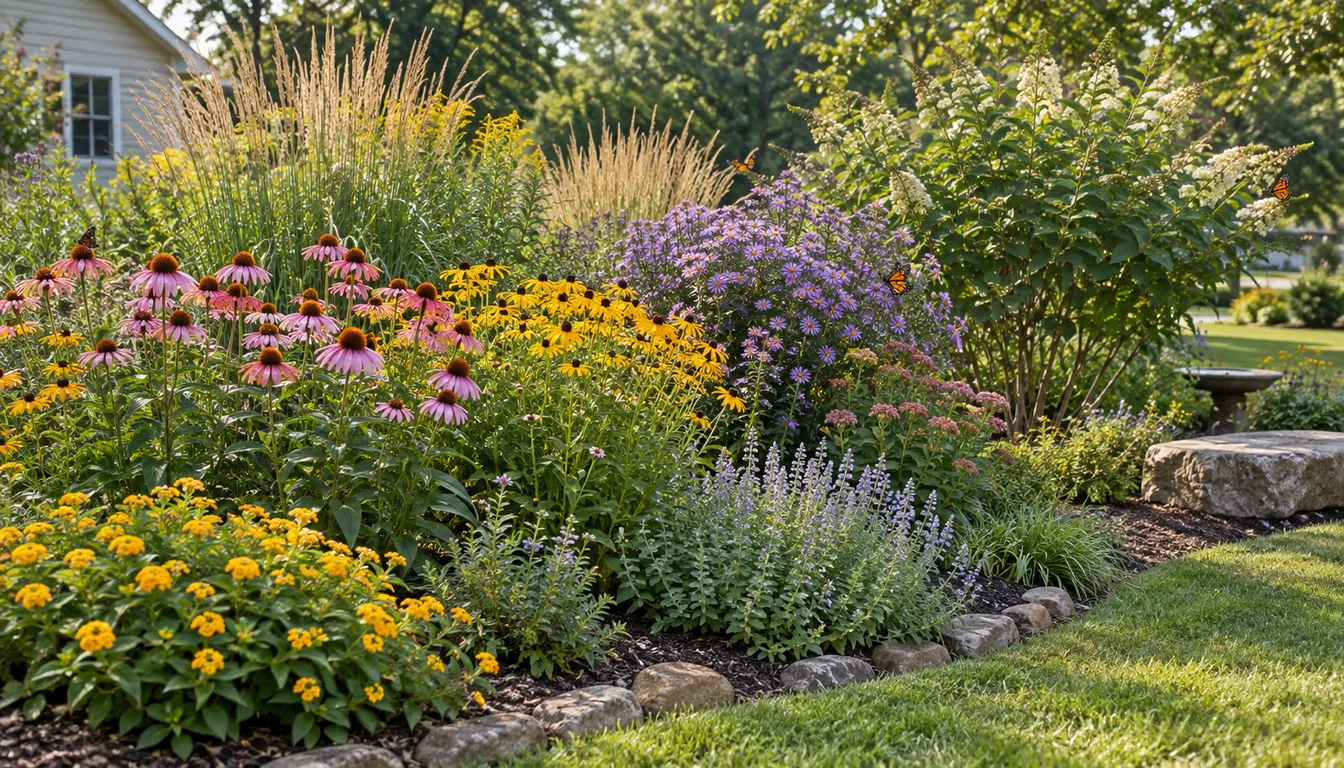 Sunny butterfly border with low flowers at the path, taller flower groups behind, and shrubs sheltering the back edge