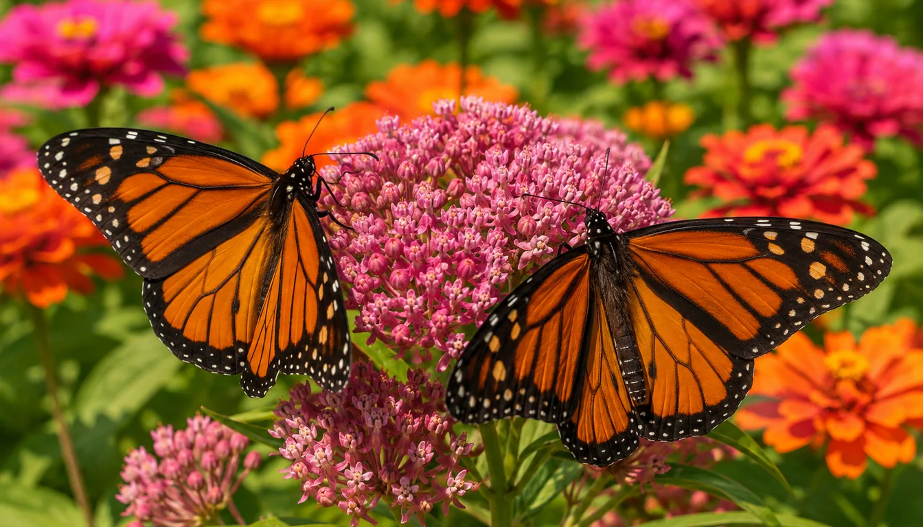 Monarch butterflies feeding on pink milkweed flowers in a sunny mixed garden