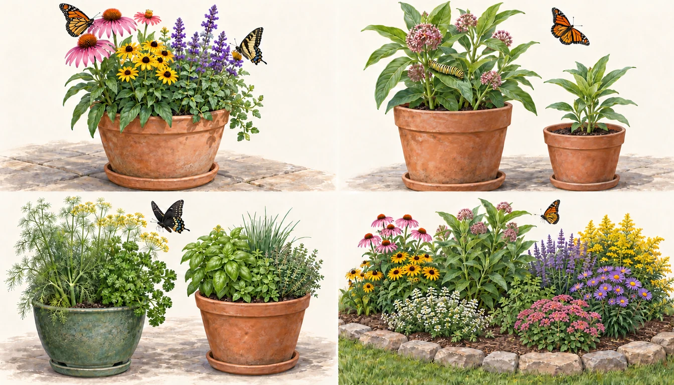 Four small-space butterfly habitat layouts showing a nectar pot, a host plant with backup, separate herb planters, and a compact flower bed