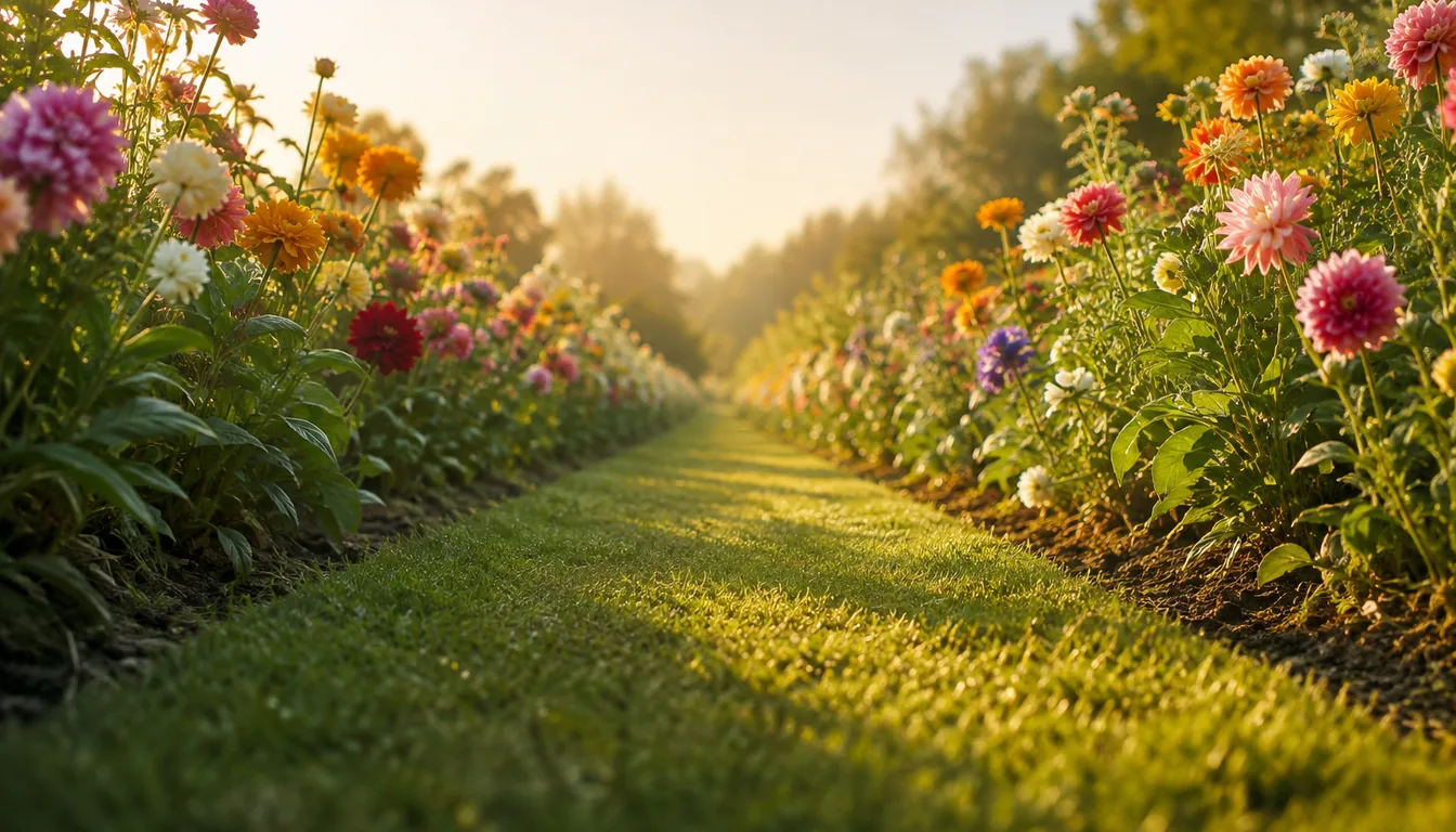 Narrow flower beds on both sides of a mowed path with every row within arm's reach