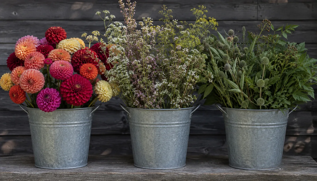 Three harvest buckets holding focal dahlias and zinnias, airy filler flowers, and green foliage stems