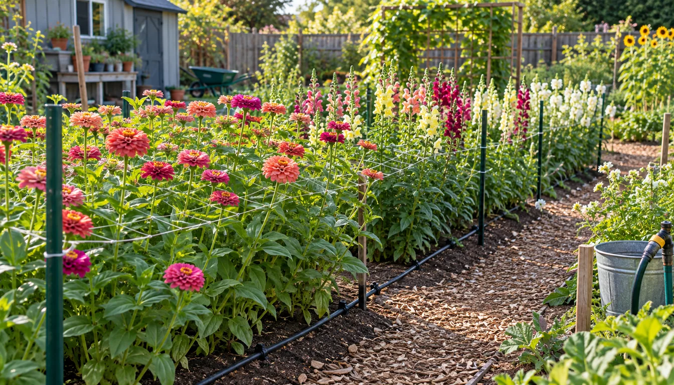 Drip tape watering the base of supported cut flower rows while foliage and blossoms remain dry