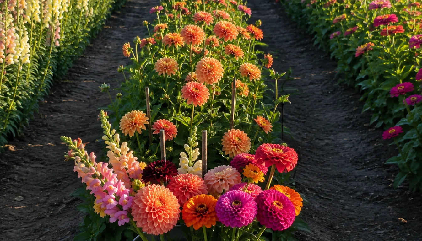 Long rows of dahlias, zinnias, and snapdragons separated by clear grass paths in a backyard cutting garden