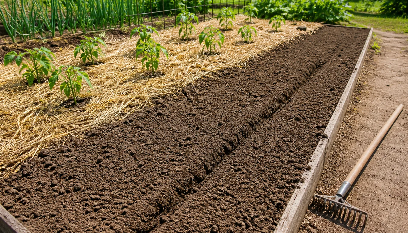 A vegetable bed with a fine bare seed row beside a mulched row prepared for transplants